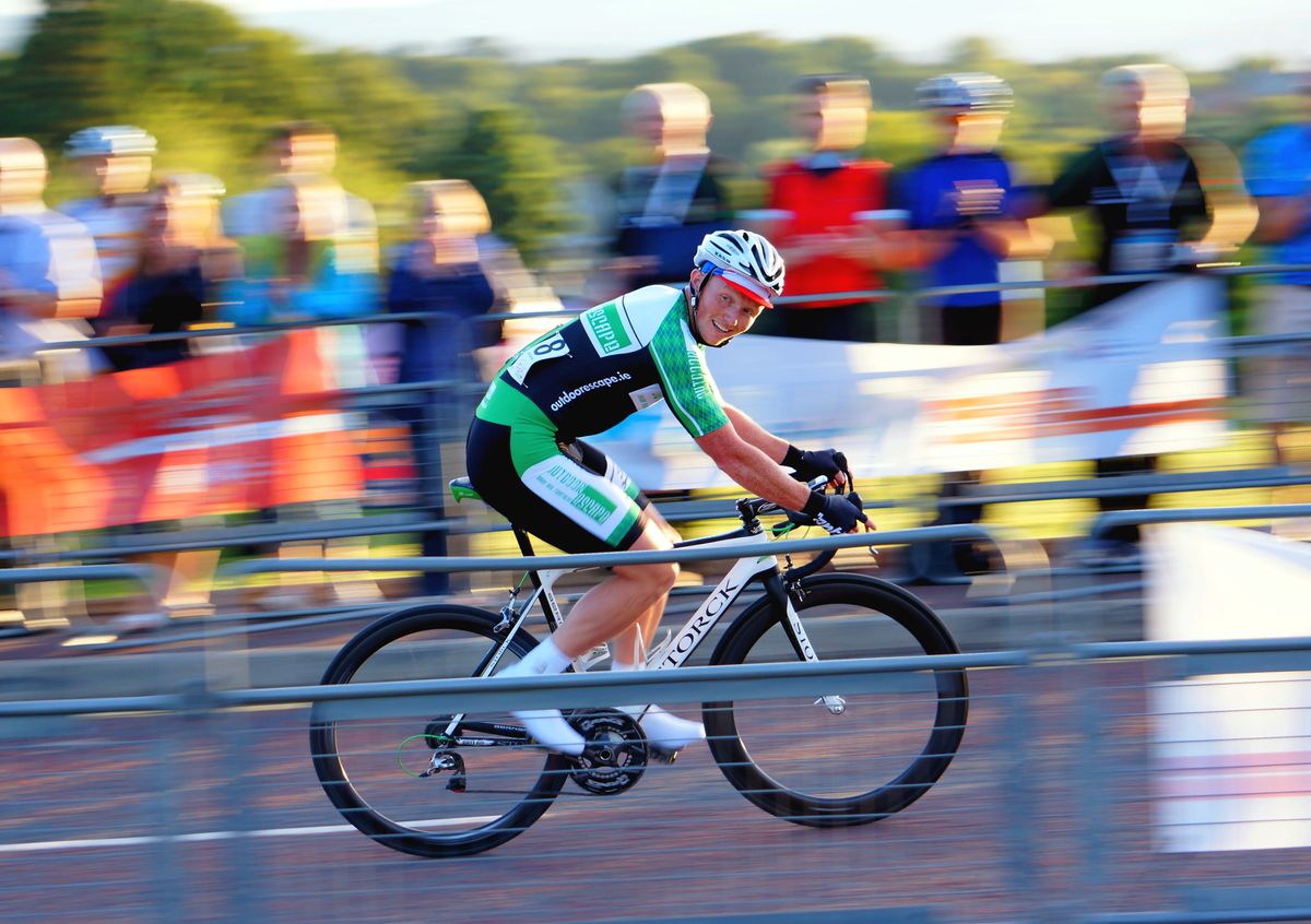 Taken at the World Police and Fire Games, the winner of the Cycle Criterium race at Stormont, Belfast, N Ireland as he comes up to the finish line.